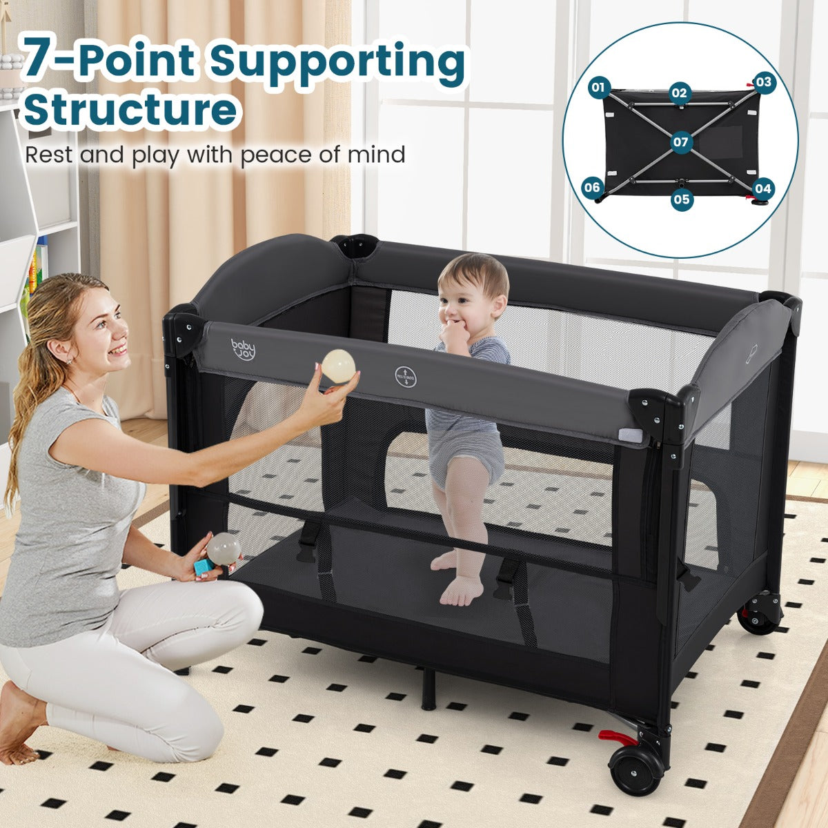LIVSK 5-in-1 Reisbed voor Baby's - Wieg, Commode, Box en Activiteitencentrum - Inclusief Speelgoedboog - Veilig en Comfortabel -