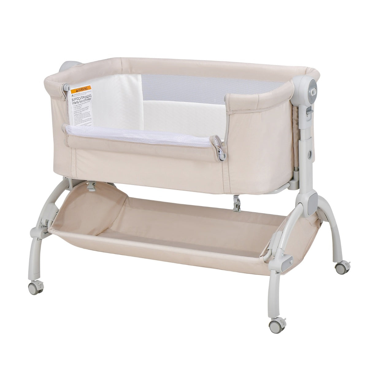 LIVSK Draagbaar Babywiegje met Hoogteverstelling - Co-sleeping Bevestiging - Vergrendelbare Wielen - Opbergmand - Grijs/beige