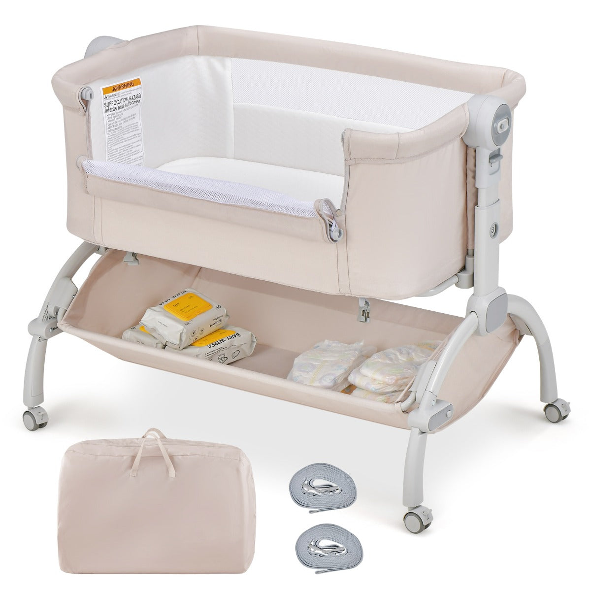 LIVSK Draagbaar Babywiegje met Hoogteverstelling - Co-sleeping Bevestiging - Vergrendelbare Wielen - Opbergmand - Grijs/beige