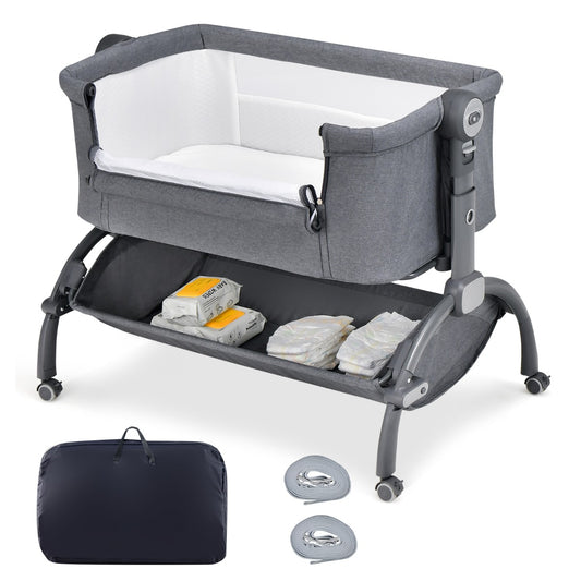 LIVSK Draagbaar Babywiegje met Hoogteverstelling - Vergrendelbare Wielen - Opbergmand - Tot 9 kg - Grijs/Beige
