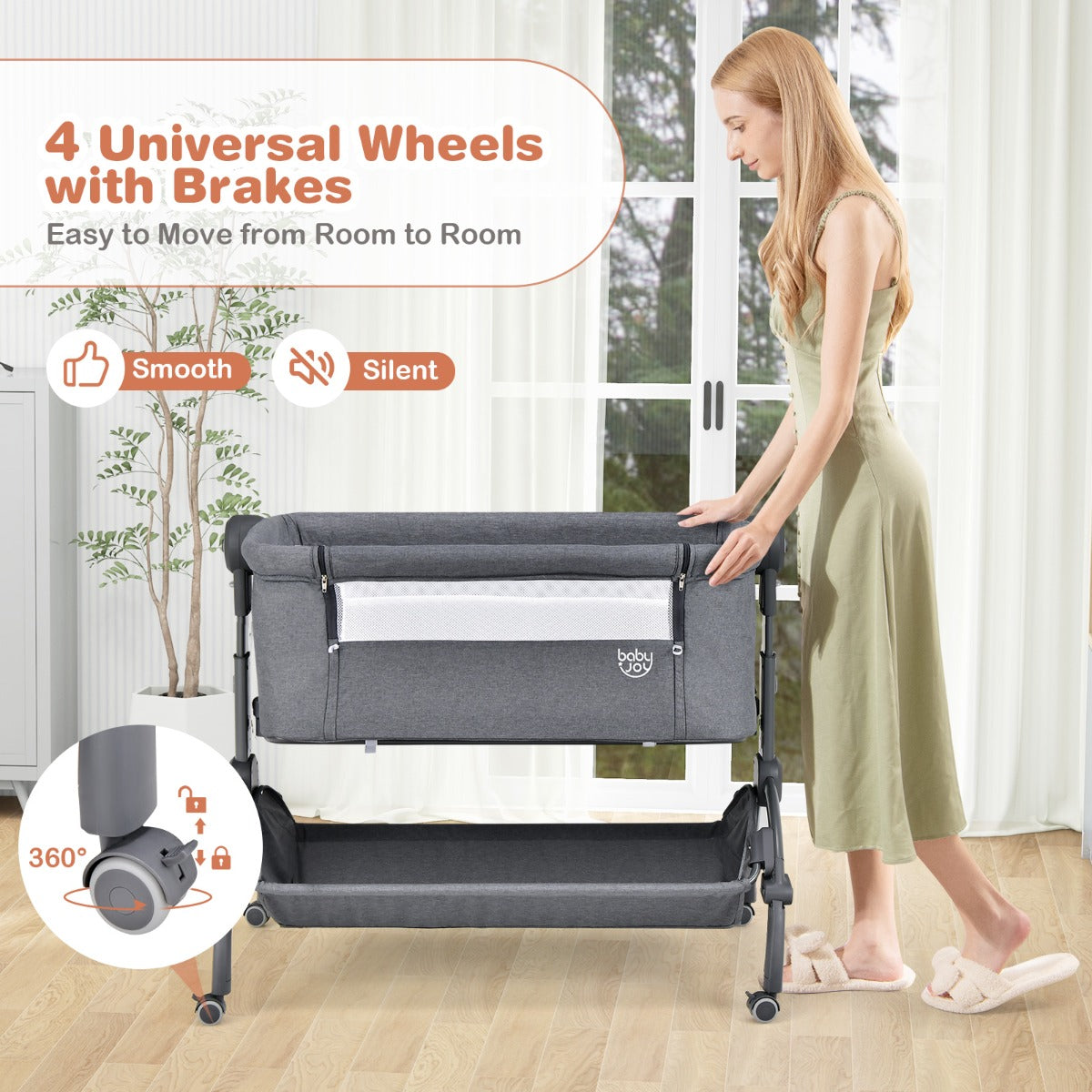 LIVSK Draagbaar Babywiegje met Hoogteverstelling - Vergrendelbare Wielen - Opbergmand - Tot 9 kg - Grijs/Beige