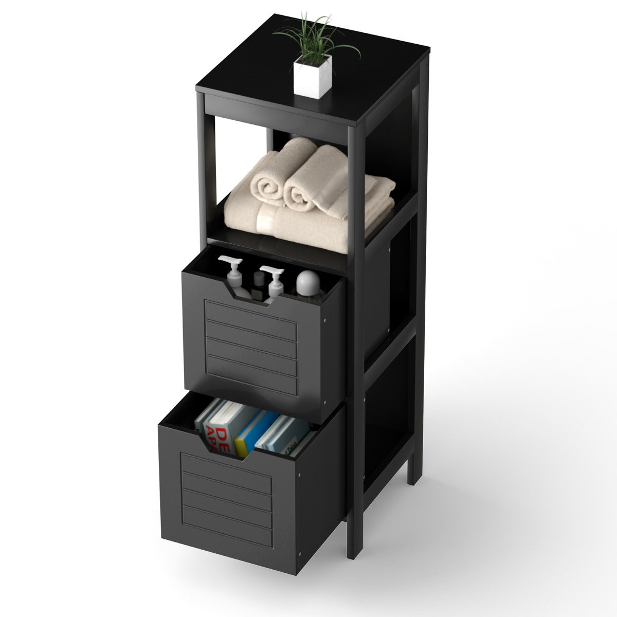 LIVSK Badkamerkast met 2 Laden - Modern Design - Drie Niveaus - Hoogwaardige MDF - Eenvoudige Montage - 30 x 30 x 89 cm - Zwart