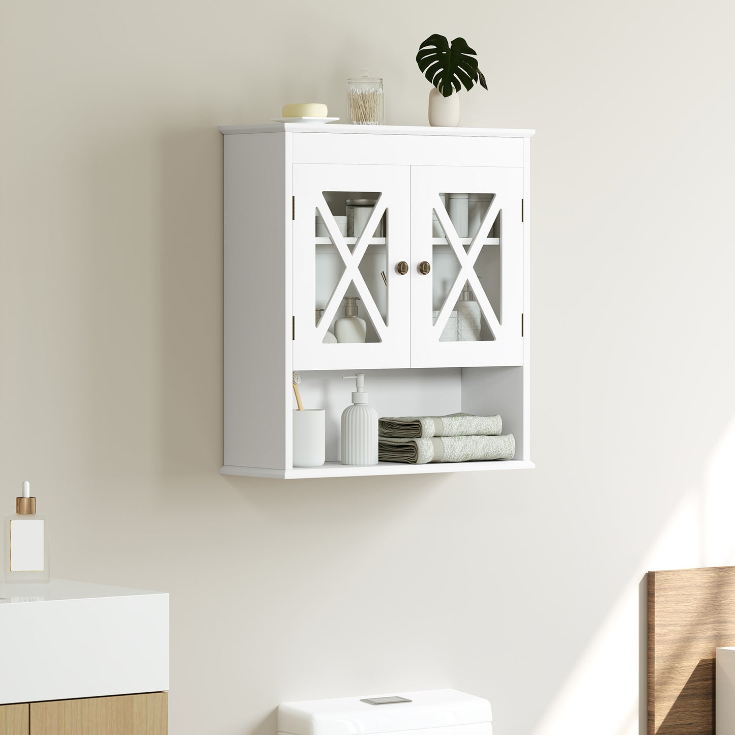 LIVSK Wandgemonteerde Badkamerkast - 2 Deuren en Open Vak - Verstelbare Plank - Ruimtebesparend - 54 x 20 x 60 cm - Wit
