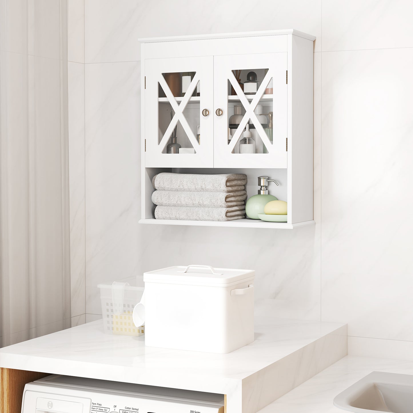 LIVSK Wandgemonteerde Badkamerkast - 2 Deuren en Open Vak - Verstelbare Plank - Ruimtebesparend - 54 x 20 x 60 cm - Wit