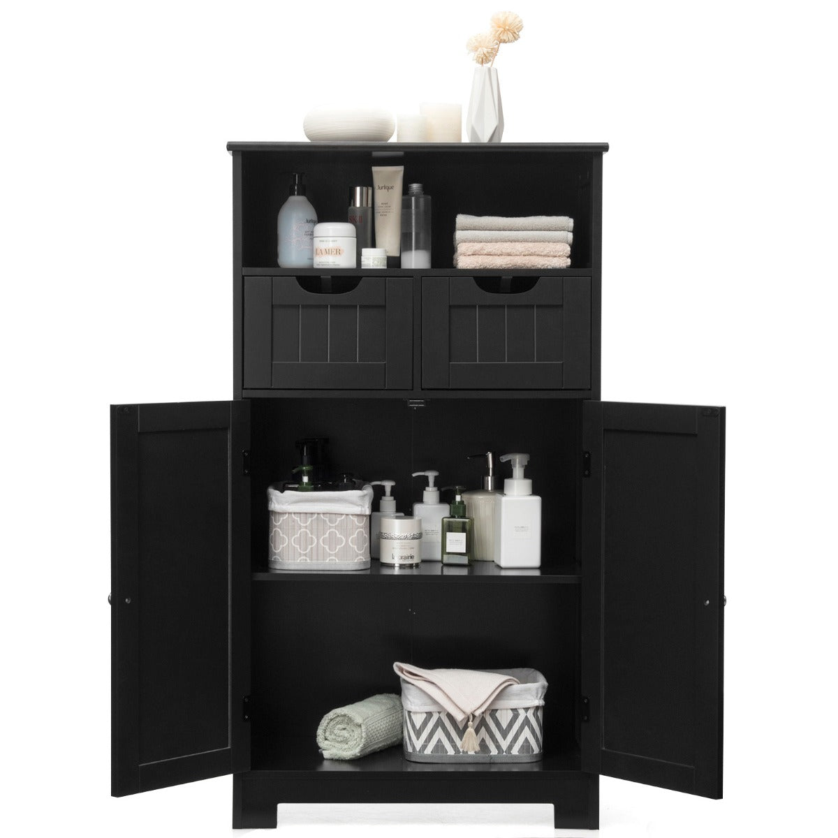 LIVSK Verstelbare Vloerkast - 2 Laden & 3 Vakken - Waterdicht & Krasbestendig - Stevig MDF - 60 x 30 x 109 cm - Zwart