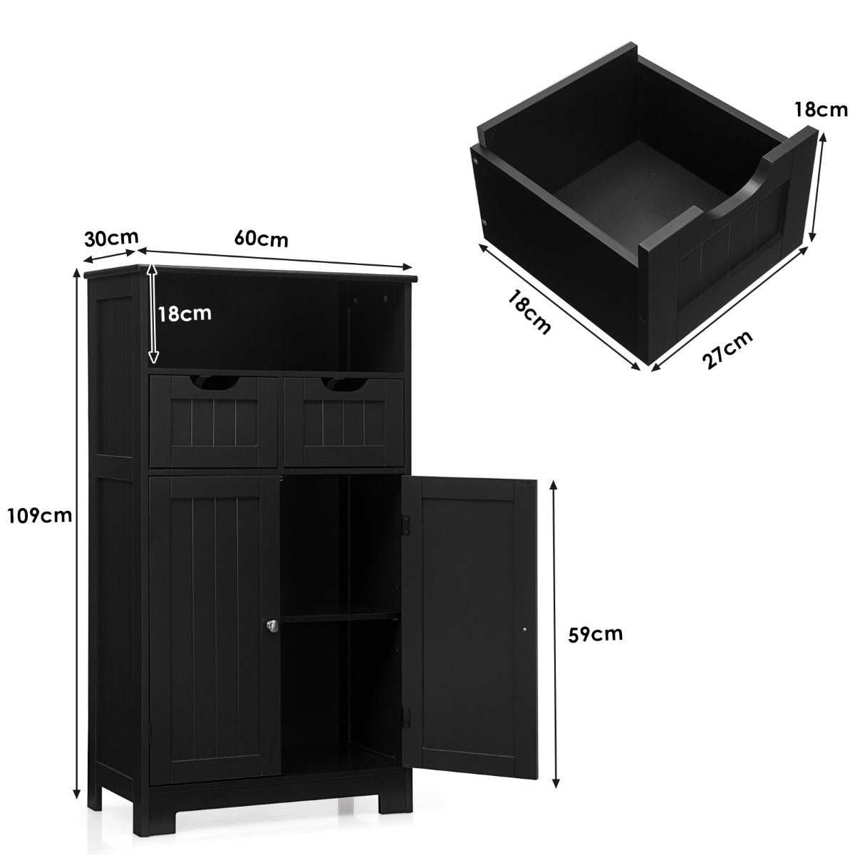 LIVSK Verstelbare Vloerkast - 2 Laden & 3 Vakken - Waterdicht & Krasbestendig - Stevig MDF - 60 x 30 x 109 cm - Zwart
