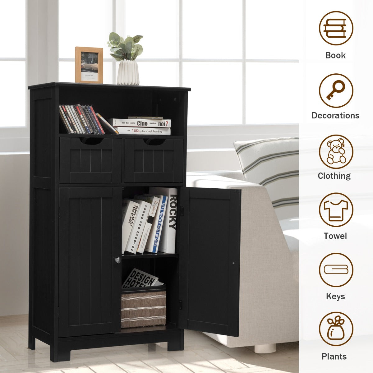 LIVSK Verstelbare Vloerkast - 2 Laden & 3 Vakken - Waterdicht & Krasbestendig - Stevig MDF - 60 x 30 x 109 cm - Zwart