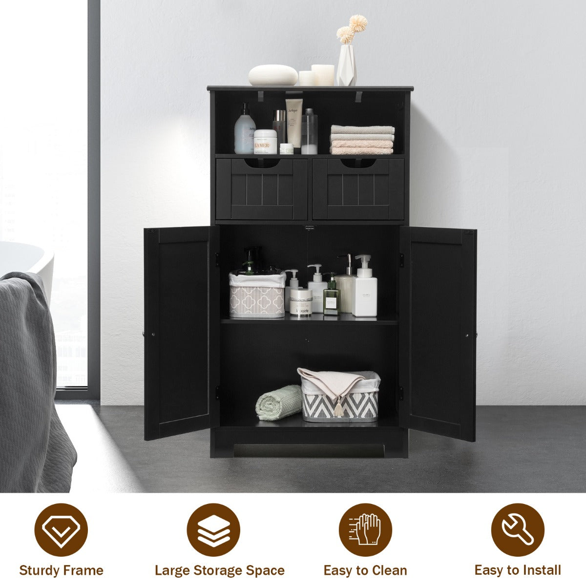 LIVSK Verstelbare Vloerkast - 2 Laden & 3 Vakken - Waterdicht & Krasbestendig - Stevig MDF - 60 x 30 x 109 cm - Zwart