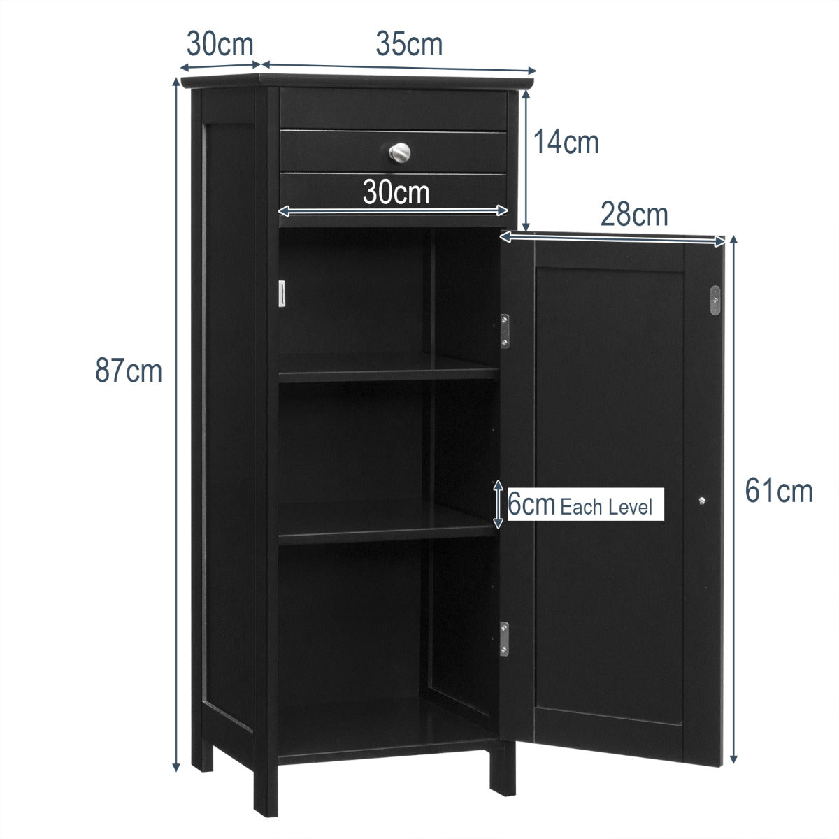 LIVSK Badkamer Vloerkast Organisator - Vrijstaand met Verstelbare Planken - Grote Lade - Antikantelbeveiliging - 35 x 30 x 87 cm