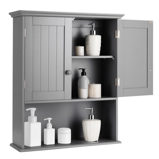 Livsk costway badkamer wandkast houten hangend kast met deuren planken multifunctioneel opberg kast voor badkamer keuken slaapkamer grijs