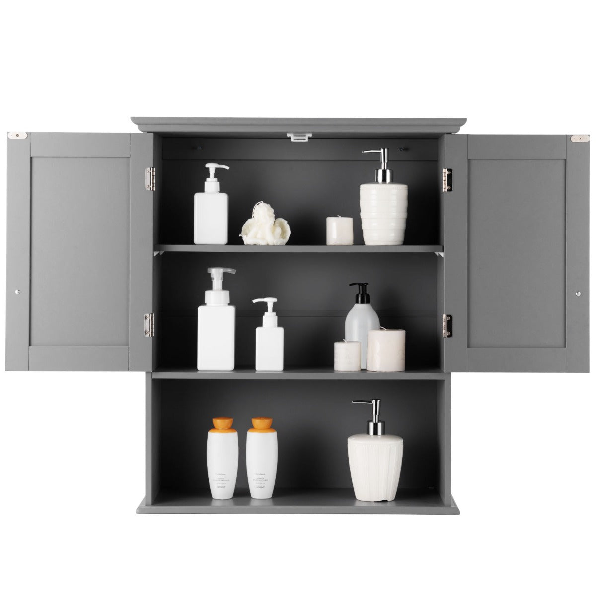 Livsk costway badkamer wandkast houten hangend kast met deuren planken multifunctioneel opberg kast voor badkamer keuken slaapkamer grijs 2