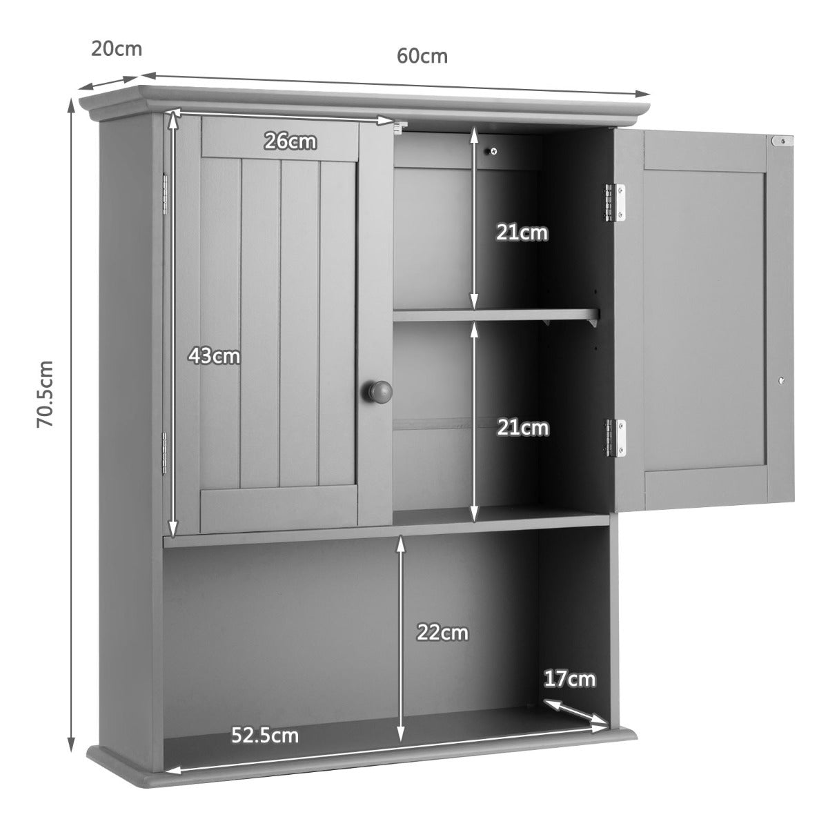 Livsk costway badkamer wandkast houten hangend kast met deuren planken multifunctioneel opberg kast voor badkamer keuken slaapkamer grijs 4