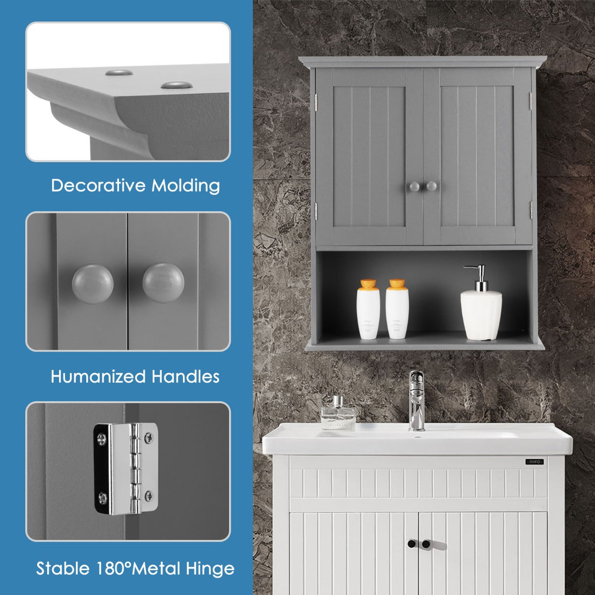 Livsk costway badkamer wandkast houten hangend kast met deuren planken multifunctioneel opberg kast voor badkamer keuken slaapkamer grijs 6