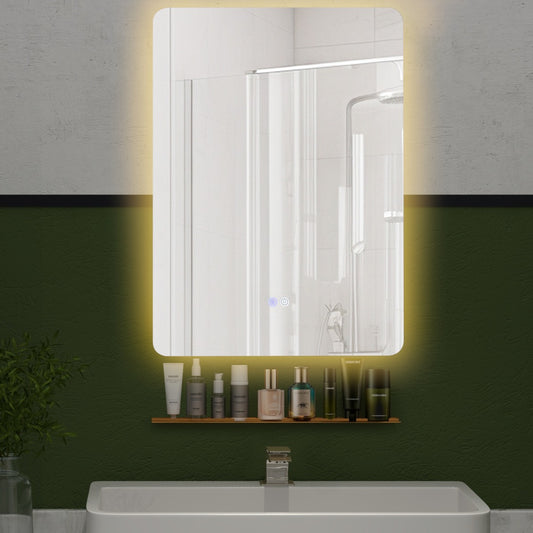 LIVSK LED Wandspiegel met Planchet - Traploos Dimbaar - 3 Lichtkleuren - Automatische Ontwaseming - 70 x 50 x 3,5 cm - Zilver +
