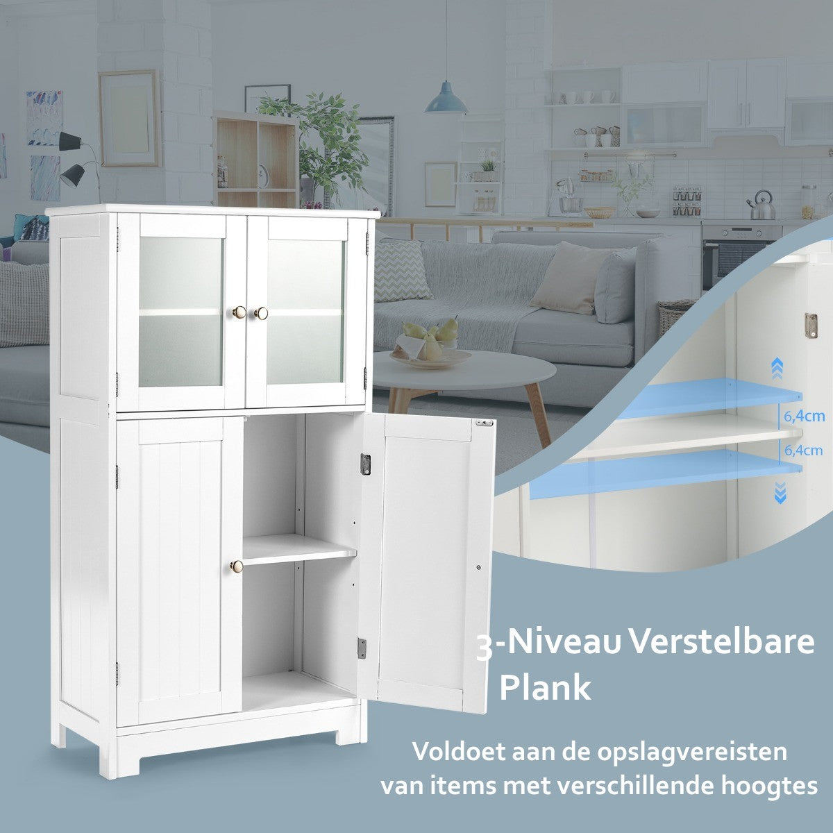 LIVSK Moderne Vloerkast - Vrijstaand met Glazen Deuren - Hoogwaardige MDF - Verstelbare Plank - Eenvoudige Montage - Wit