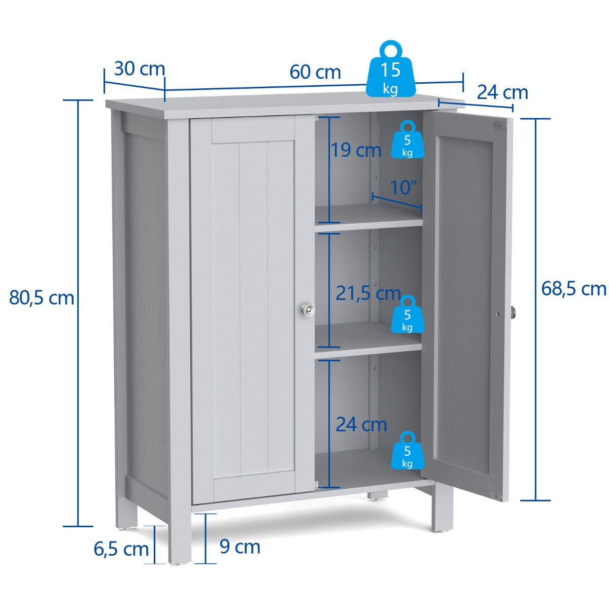 LIVSK Verstelbare Badkamerkast - Robuust MDF met 2 Planken - Multifunctioneel - Tot 30 kg - 60 x 30 x 80,5 cm - Zwart/Grijs