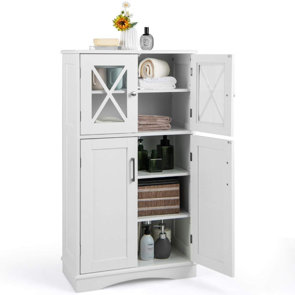 LIVSK Opbergkast met 5 Niveaus - Verstelbare Planken - Glazen Deuren - Inclusief Anti-Kantelbeugels - 60 x 30 x 108 cm - Wit