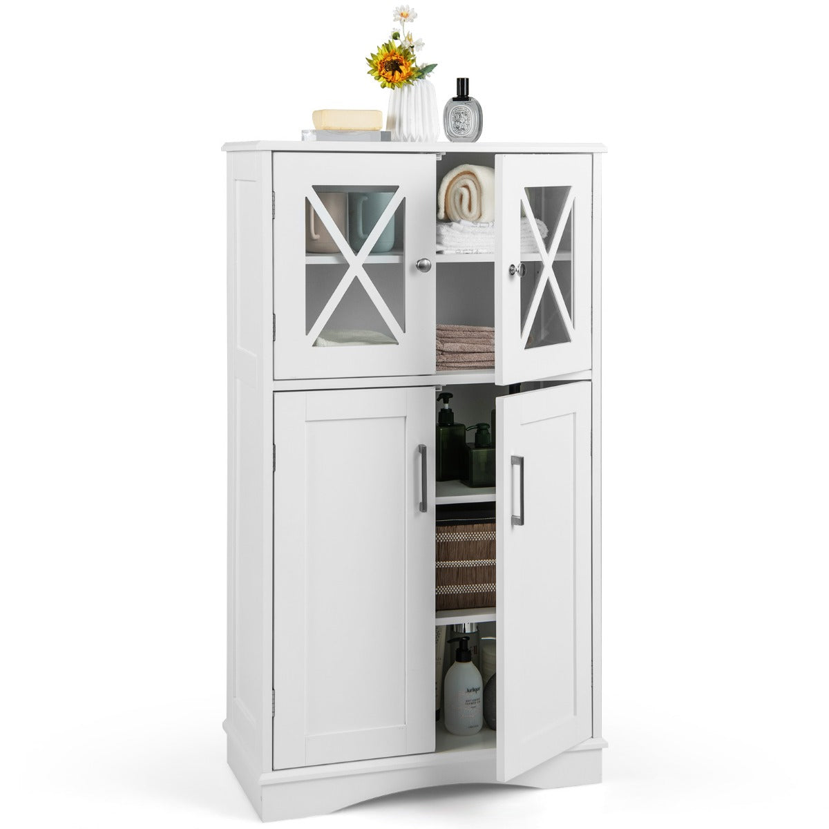 LIVSK Opbergkast met 5 Niveaus - Verstelbare Planken - Glazen Deuren - Inclusief Anti-Kantelbeugels - 60 x 30 x 108 cm - Wit