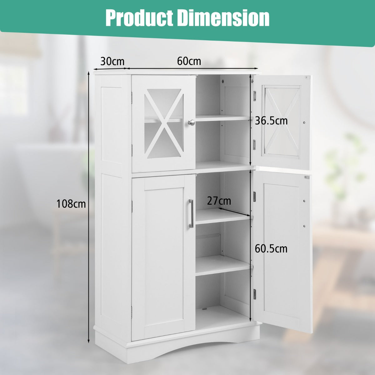 LIVSK Opbergkast met 5 Niveaus - Verstelbare Planken - Glazen Deuren - Inclusief Anti-Kantelbeugels - 60 x 30 x 108 cm - Wit