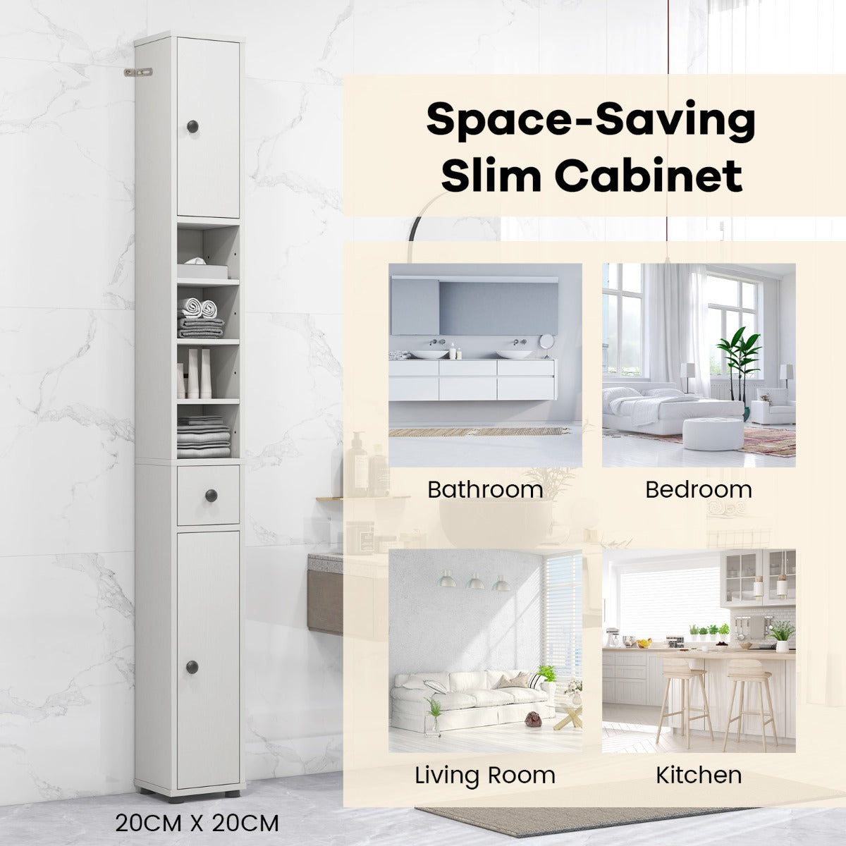 LIVSK Badkamerkast - Verstelbare Planken - Ruimtebesparend - Kantelbeveiliging - 20 x 20 x 180 cm - Wit