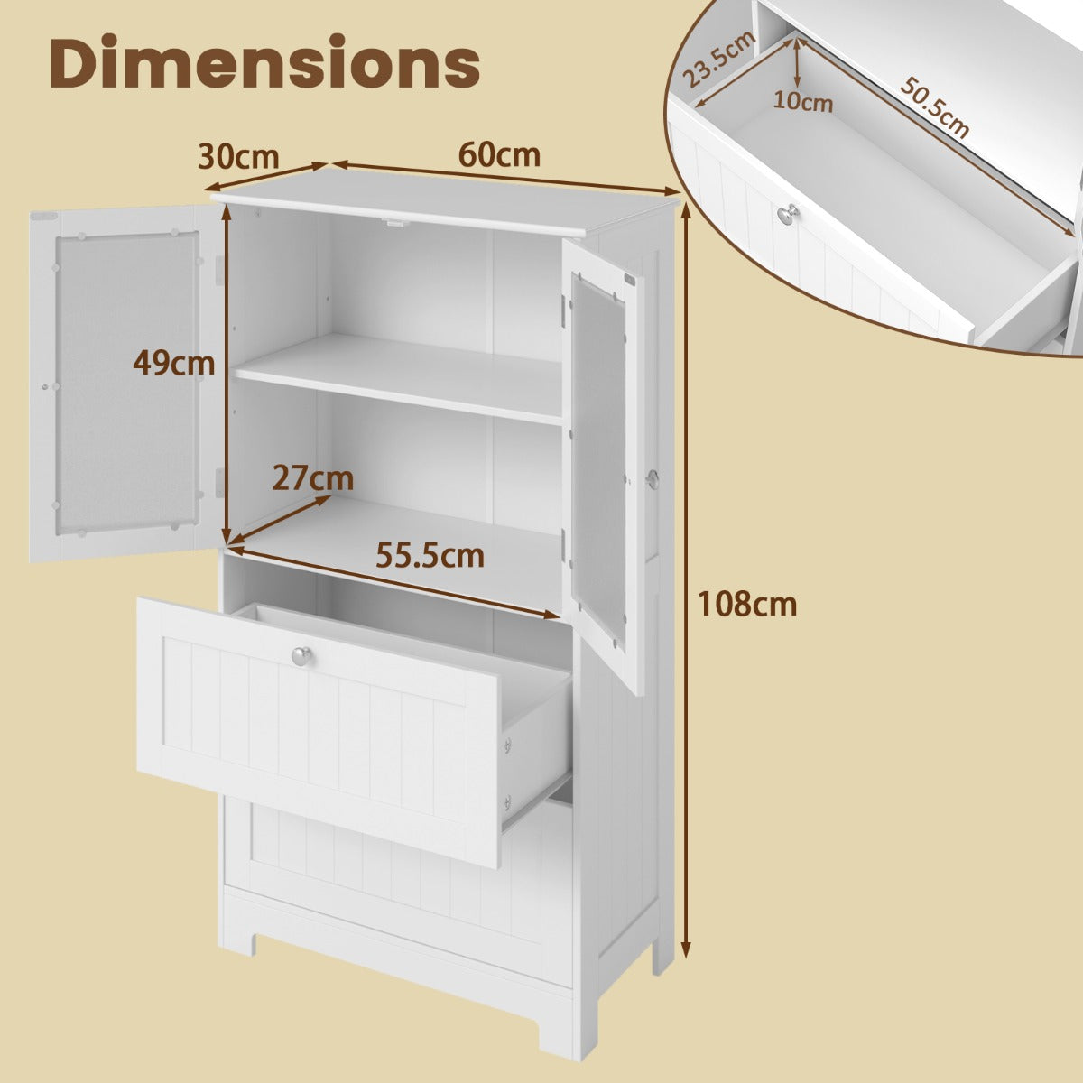 LIVSK Vrijstaande Opbergkast - 2 Grote Lades - Verstelbaar Rek - Kantelbeveiliging - Modern Design - 60 x 30 x 108 cm - Wit