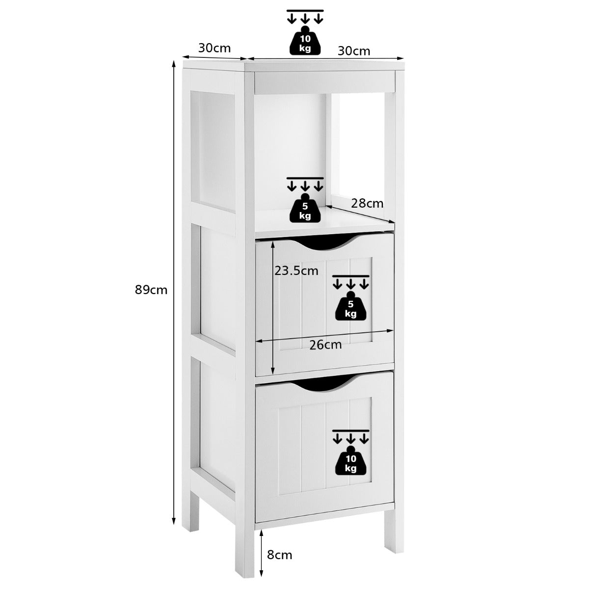 LIVSK Vloerkast - 4 Niveaus - 2 Uitneembare Lades - Anti-Kantelmechanisme - Duurzaam MDF - 30 x 30 x 89 cm - Wit