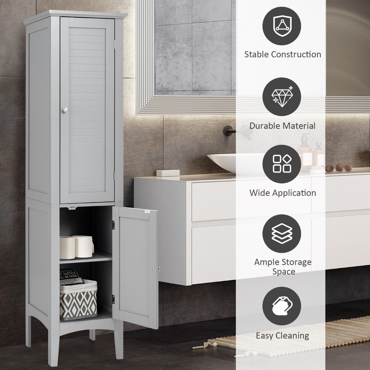 LIVSK Hoge Badkamerkast - 5 Planken met 2 Deuren - Waterdicht MDF - Verhoogde Poten - Modern Design - Grijs
