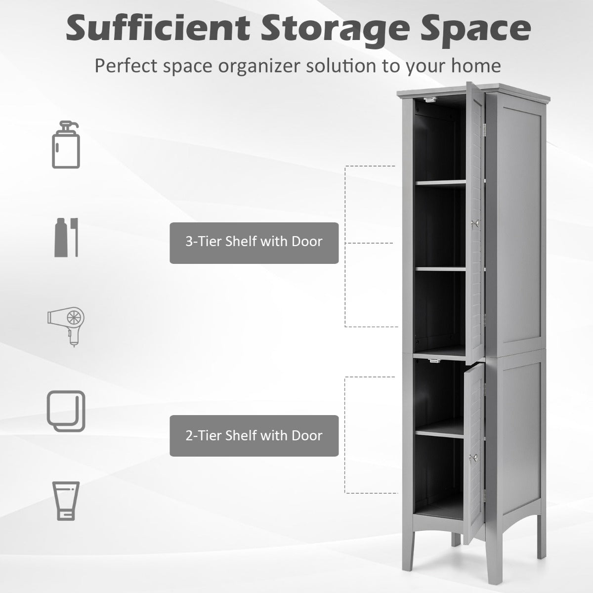 LIVSK Hoge Badkamerkast - 5 Planken met 2 Deuren - Waterdicht MDF - Verhoogde Poten - Modern Design - Grijs