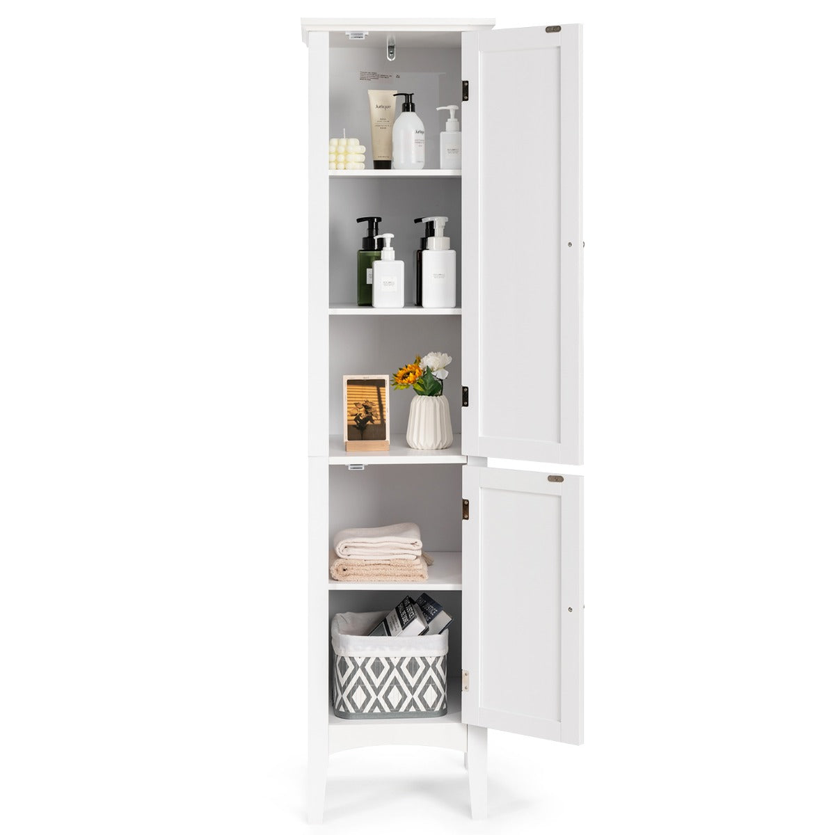 LIVSK Hoge Badkamerkast - 5 Planken met Lamellendeuren - Waterdicht MDF - Verhoogde Poten - 37 x 37 x 160 cm - Wit