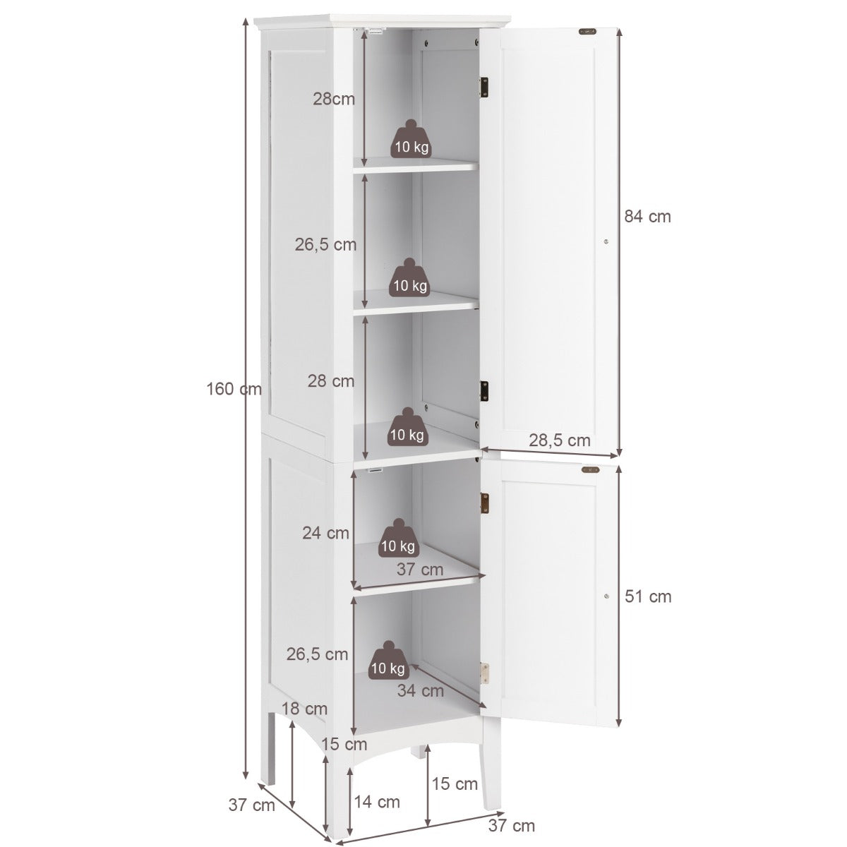 LIVSK Hoge Badkamerkast - 5 Planken met Lamellendeuren - Waterdicht MDF - Verhoogde Poten - 37 x 37 x 160 cm - Wit