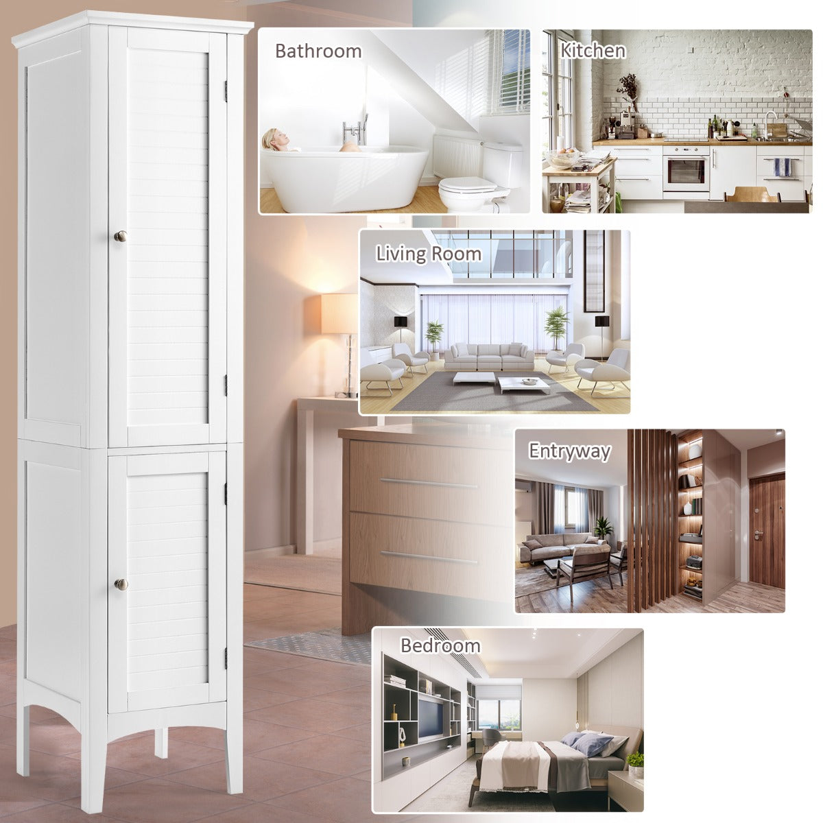 LIVSK Hoge Badkamerkast - 5 Planken met Lamellendeuren - Waterdicht MDF - Verhoogde Poten - 37 x 37 x 160 cm - Wit