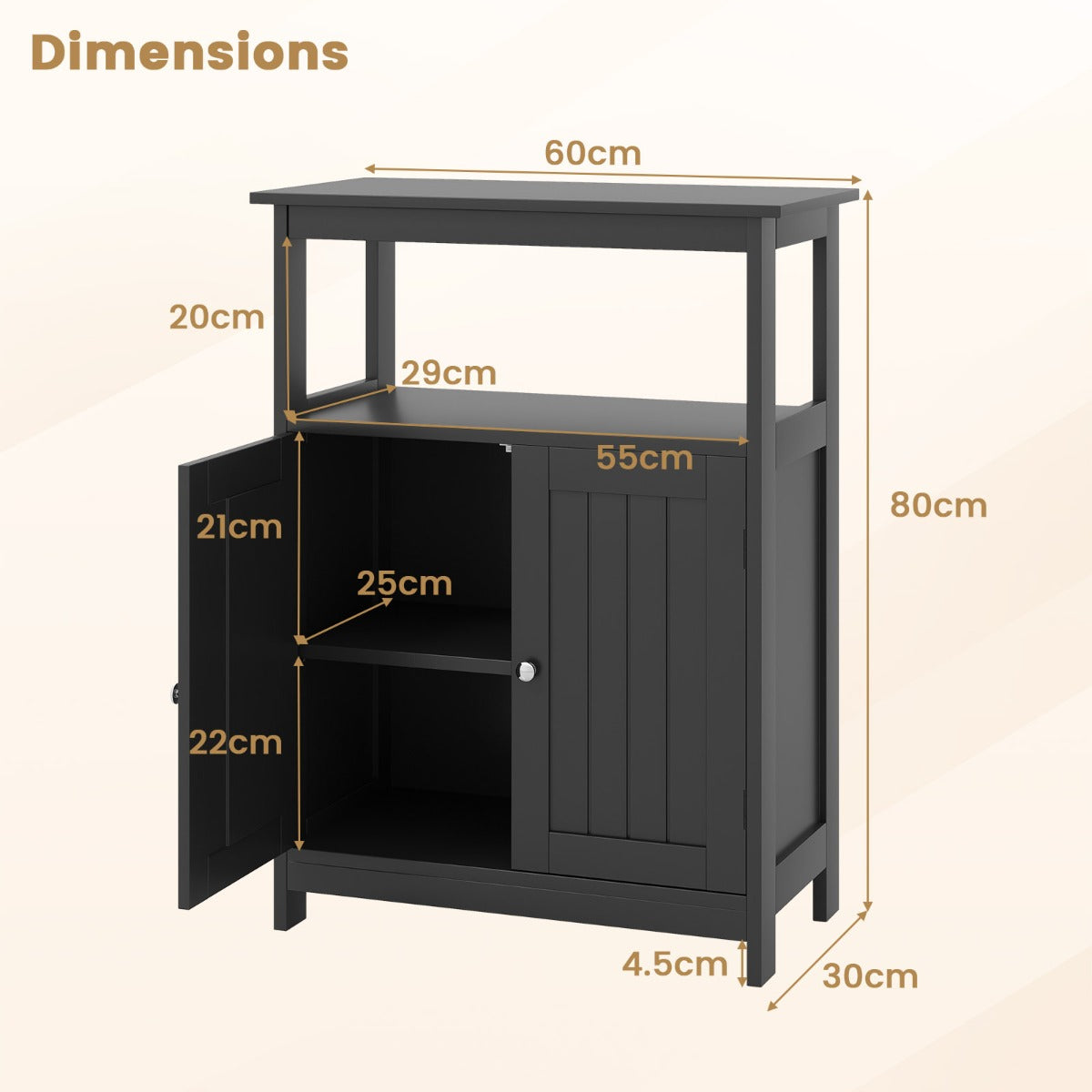 LIVSK Onderkast voor Badkamer en Woonkamer - Verstelbare Plank - Magneetsluiting - Antislipvoetjes - 60 x 30 x 80 cm - Zwart