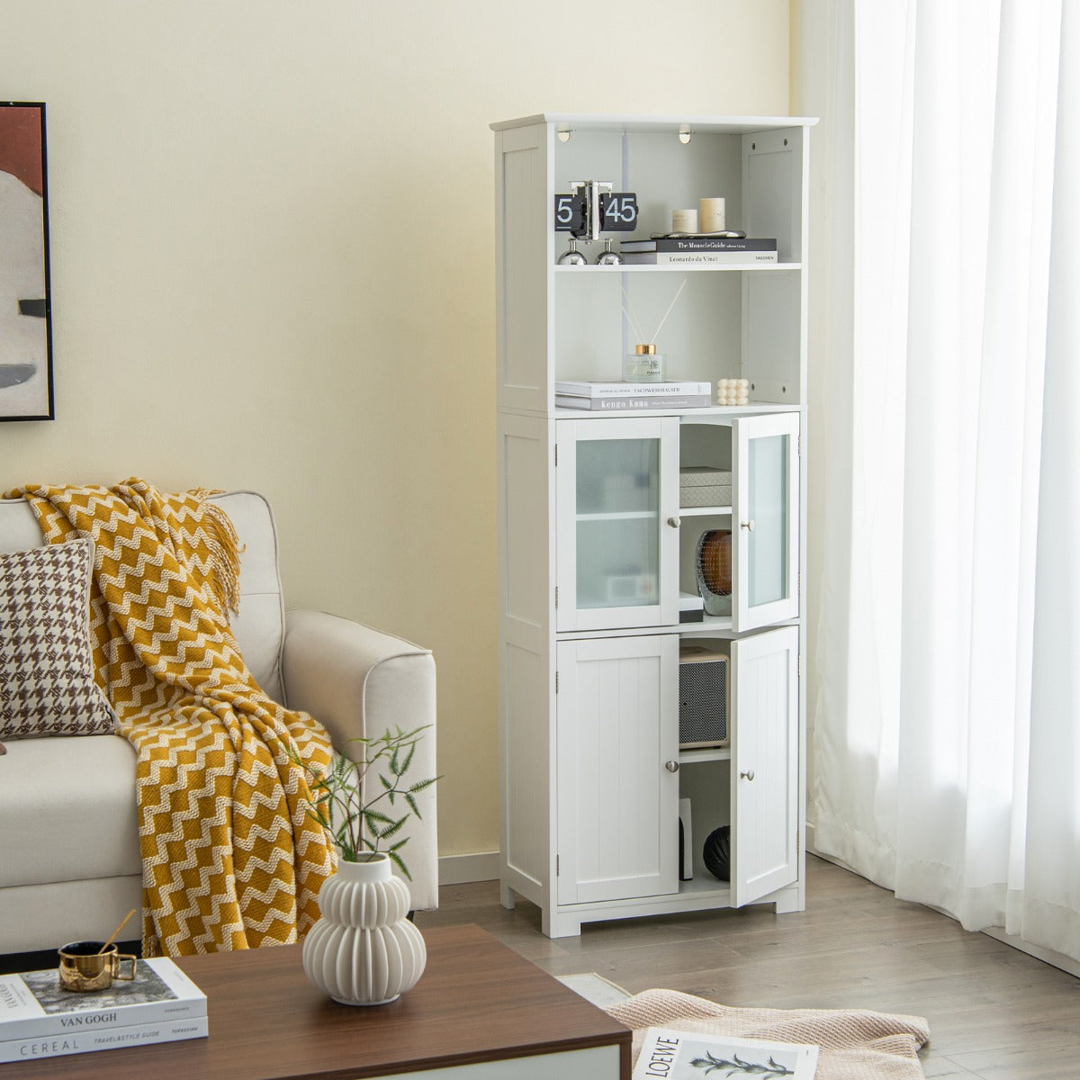 LIVSK Badkamerkast - 6 Niveaus met Verstelbare Planken - Hoogwaardig MDF - Veilig en Elegant - 60 x 30 x 163 cm - Wit