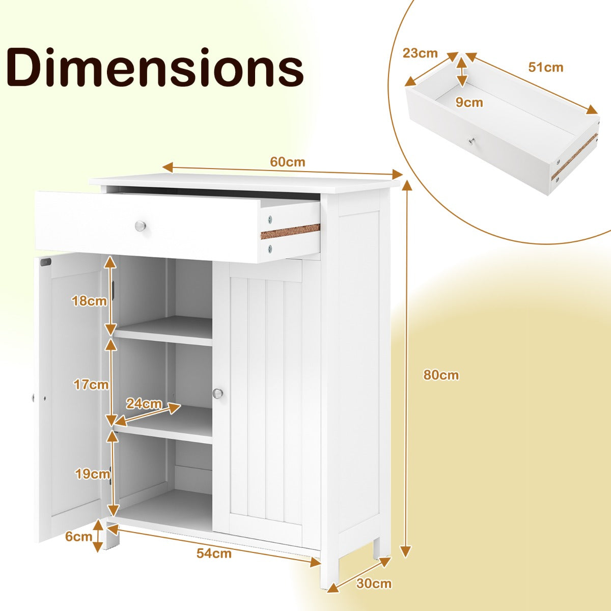 LIVSK Badkamerkast - Verstelbare Plank - 2 Deuren - Grote Lade - Kantelbeveiliging - Antislip - 60 x 30 x 80 cm - Wit