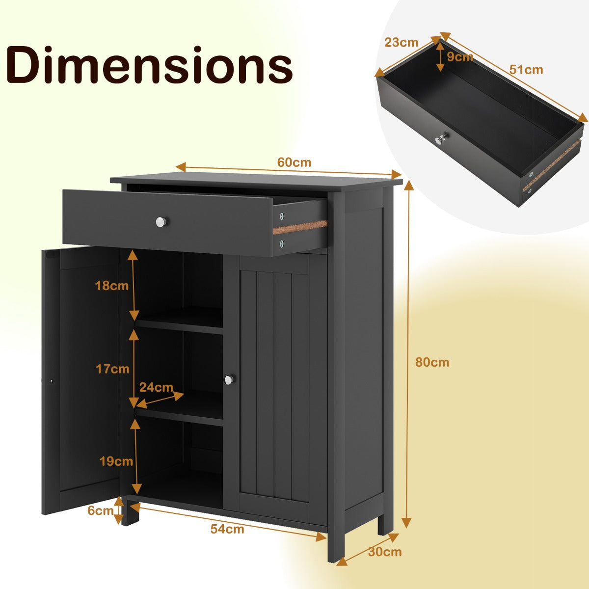 LIVSK Onderkast met 2 Deuren en Lade - Verstelbare Plank - Kantelbeveiliging - Antislip Voetjes - 60 x 30 x 80 cm - Zwart