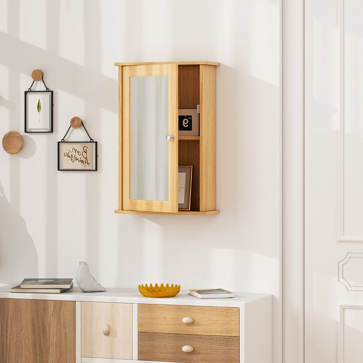 Livsk costway badkamerkast met spiegel multifunctionele wandkast met omkeerbare deur voor badkamers naturel 2