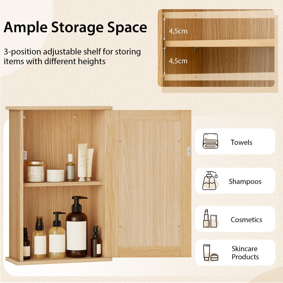 Livsk costway badkamerkast met spiegel multifunctionele wandkast met omkeerbare deur voor badkamers naturel 4