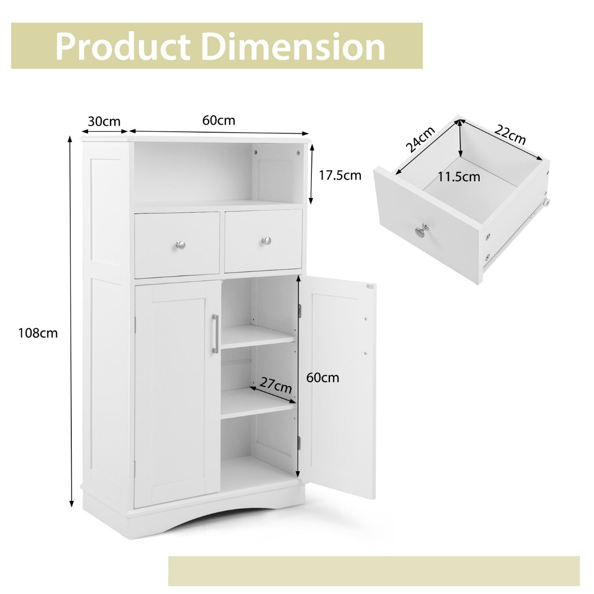LIVSK Badkamerkast met 2 Laden en Verstelbare Planken - Open Opbergvak - Robuuste Constructie - Kantelbeveiliging - 60 x 30 x 108