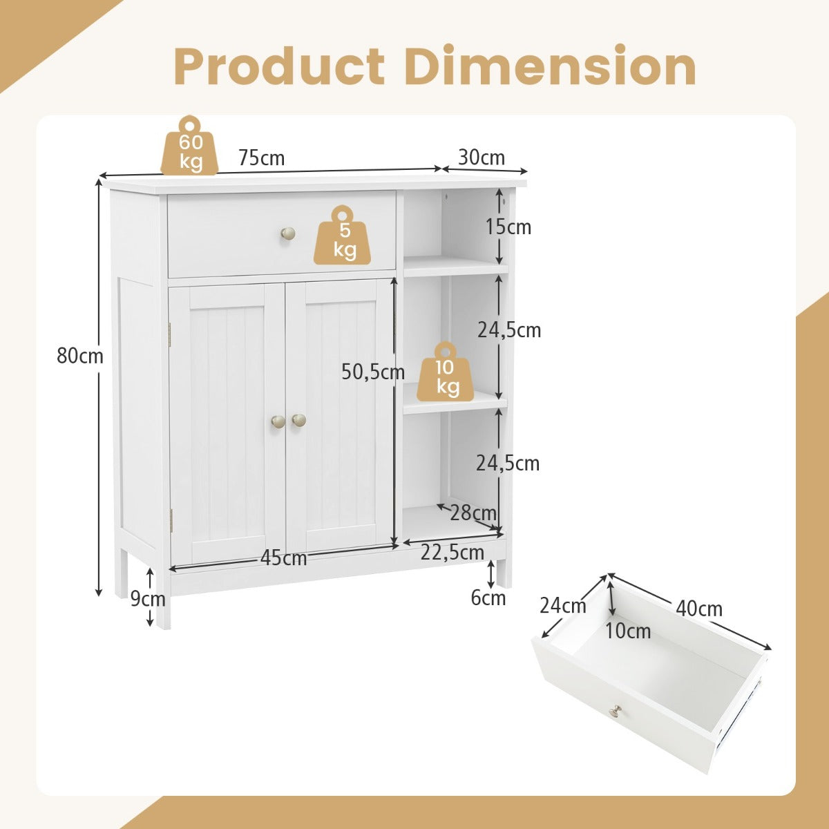 LIVSK Badkamerkast - Verstelbare Plank - Grote Lade en 3 Open Vakken - Veiligheid met Kantelbeveiliging - 75 x 30 x 80 cm - Wit