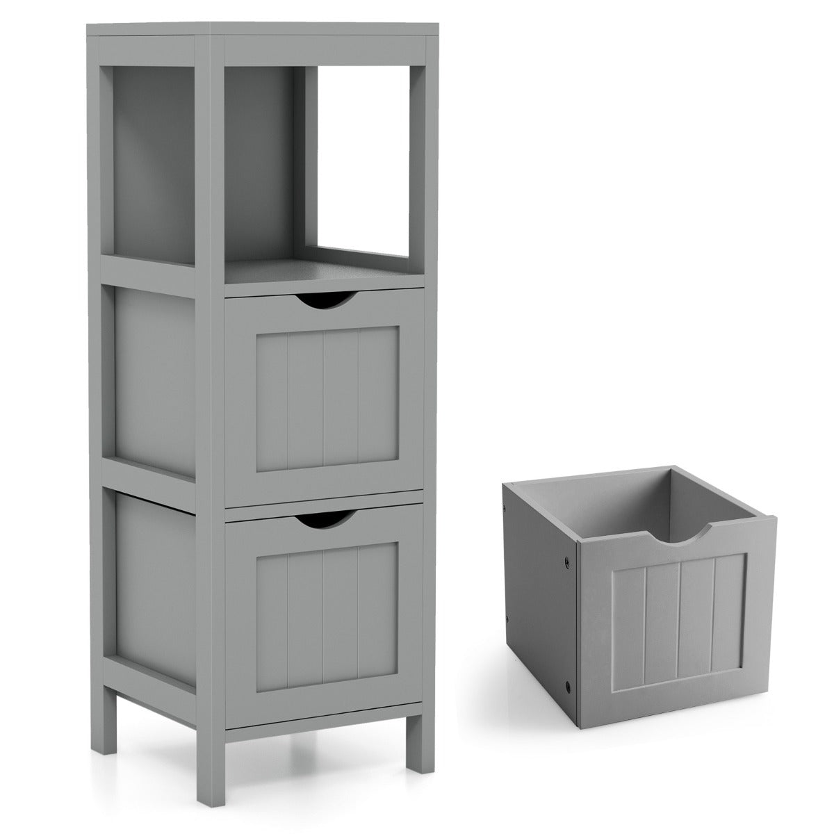 LIVSK Badkamerkast met 2 Uitneembare Laden - Open Planken - Duurzaam MDF - Compact en Veilig - 30 x 30 x 90 cm - Grijs