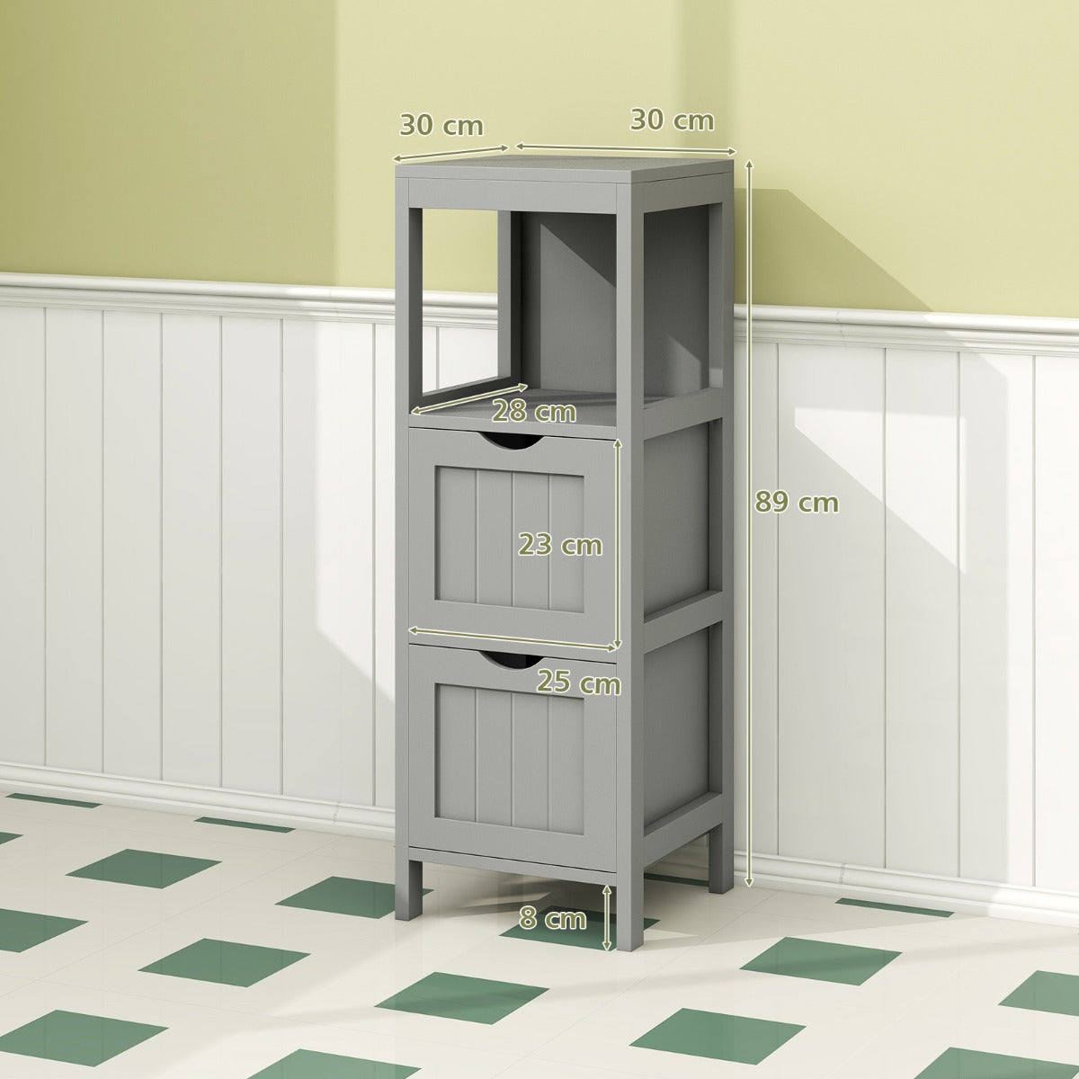 LIVSK Badkamerkast met 2 Uitneembare Laden - Open Planken - Duurzaam MDF - Compact en Veilig - 30 x 30 x 90 cm - Grijs