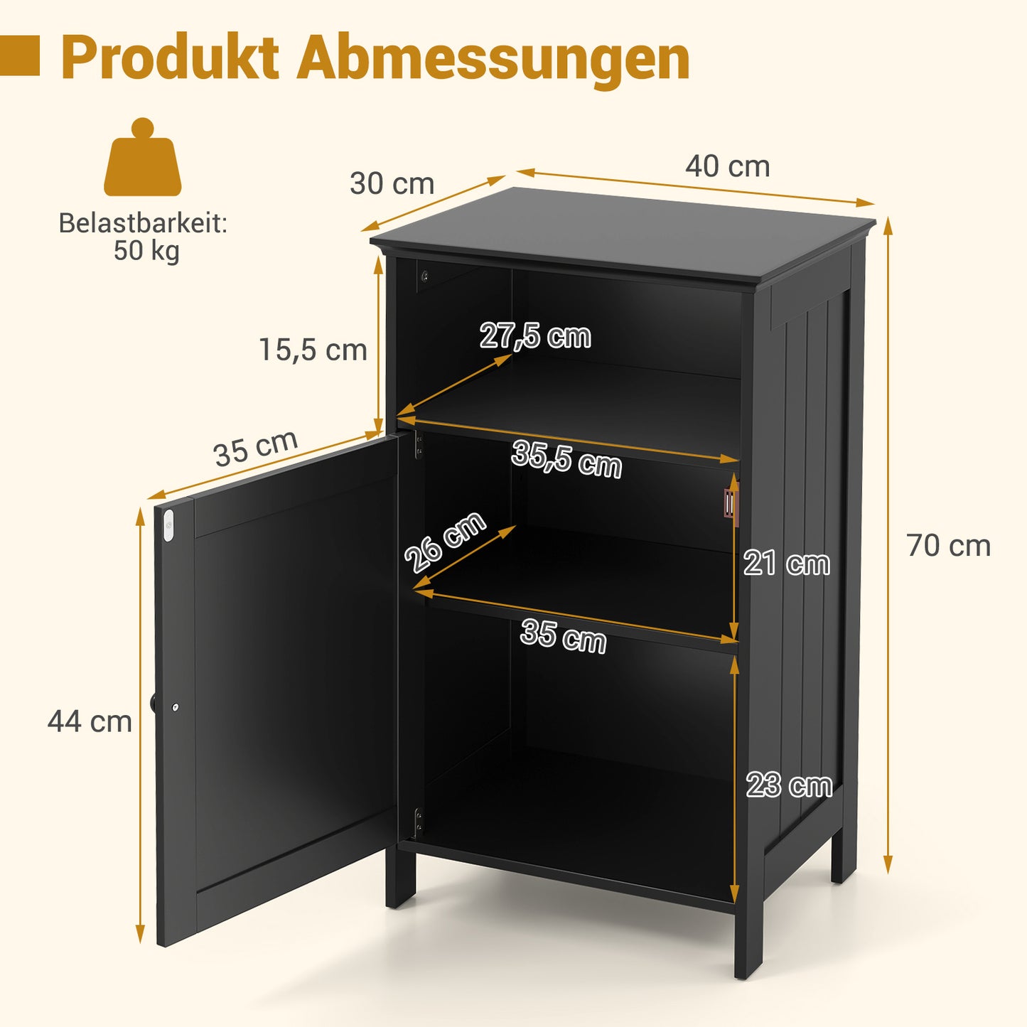 LIVSK Badkamerkast - Verstelbare Plank - Open en Gesloten Opbergruimte - Elegant Design - 40 x 30 x 70 cm - Zwart
