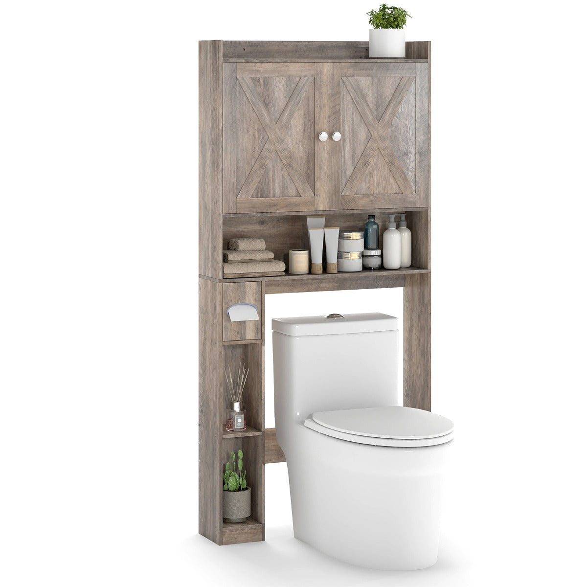 Livsk costway badkamermeubel met dubbele deuren verstelbare legplanken toiletrolhouder en kantelbeveiliging grijs