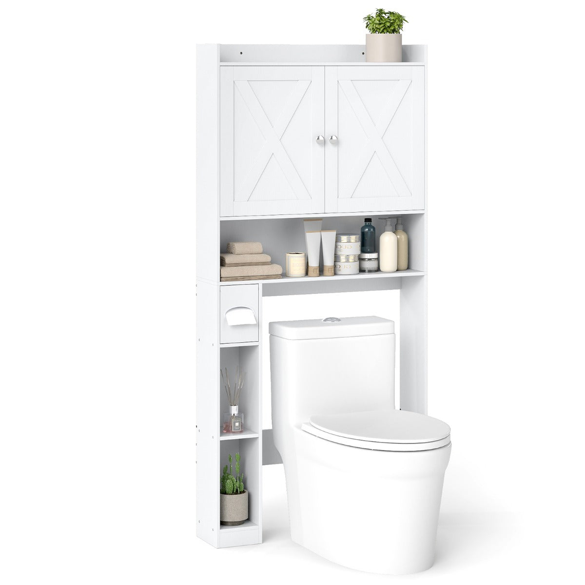 Livsk costway badkamermeubel met dubbele deuren verstelbare legplanken toiletrolhouder en kantelbeveiliging wit