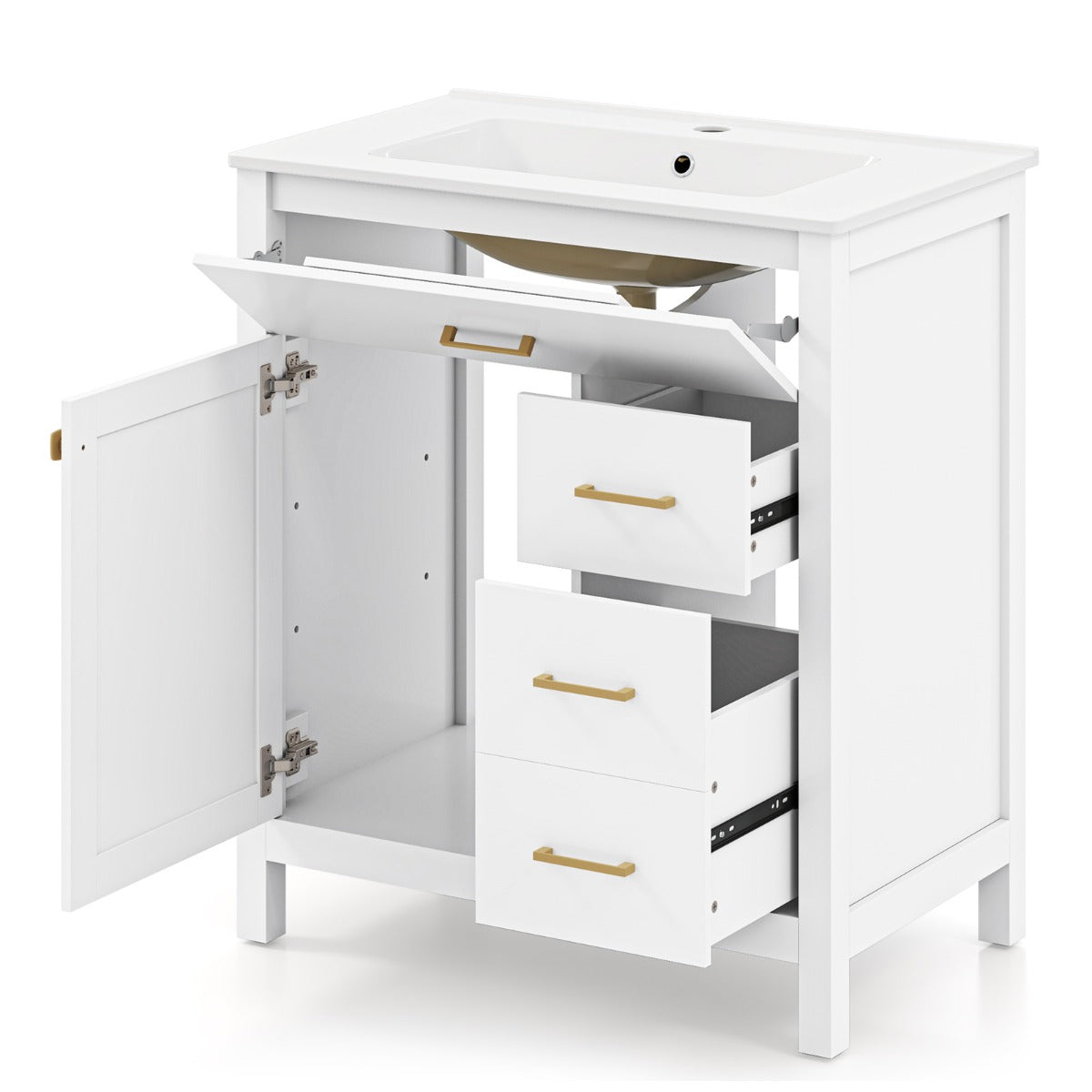 LIVSK Badkamermeubelset met Keramische Wastafel - Veel Opbergruimte - Elegante Gouden Handgrepen - Compact Design - Wit + Goud