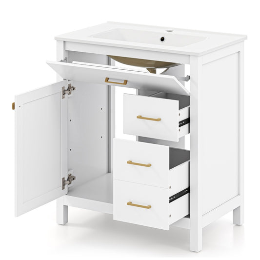 LIVSK Badkamermeubelset met Keramische Wastafel - Veel Opbergruimte - Elegante Gouden Handgrepen - Compact Design - Wit + Goud