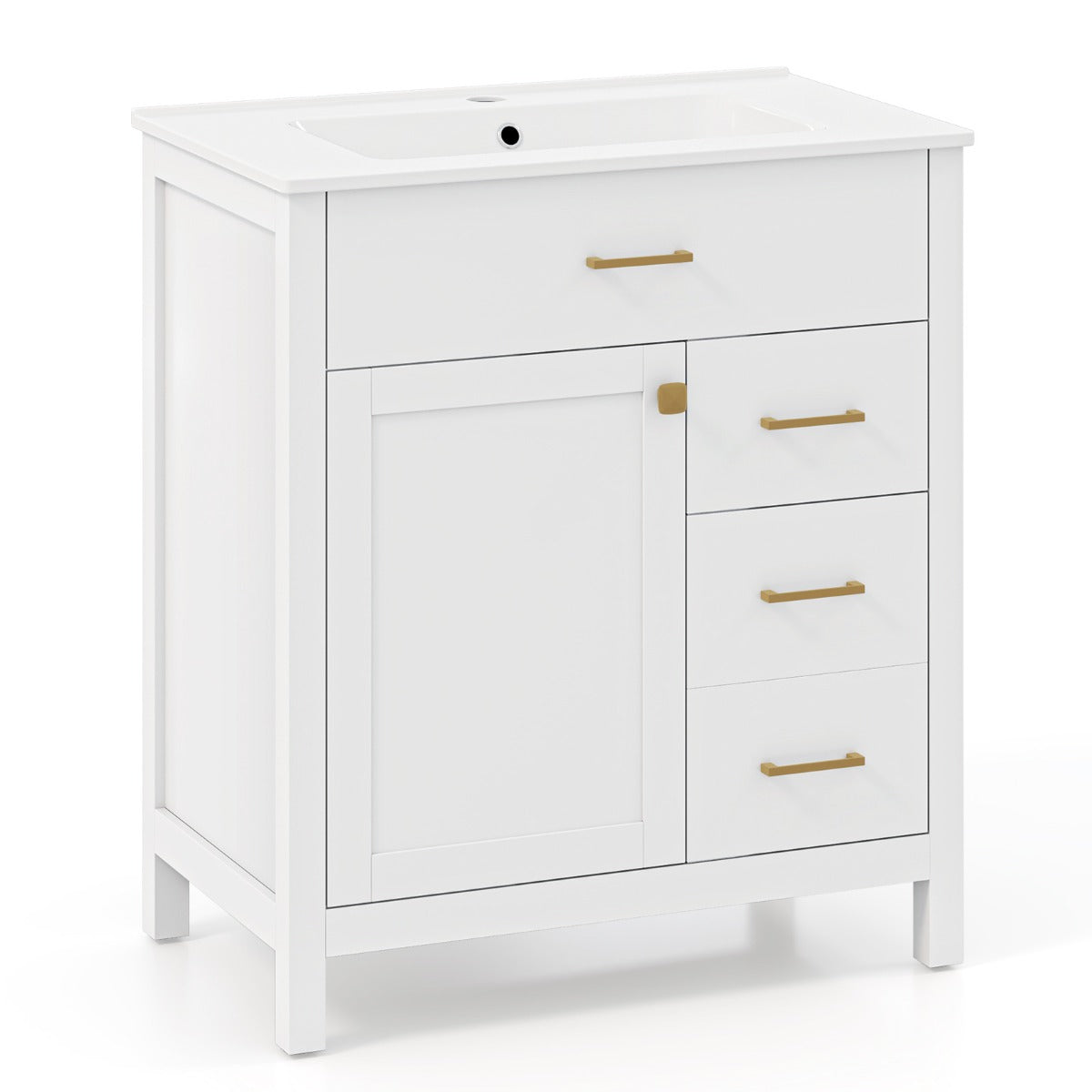 LIVSK Badkamermeubelset met Keramische Wastafel - Veel Opbergruimte - Elegante Gouden Handgrepen - Compact Design - Wit + Goud