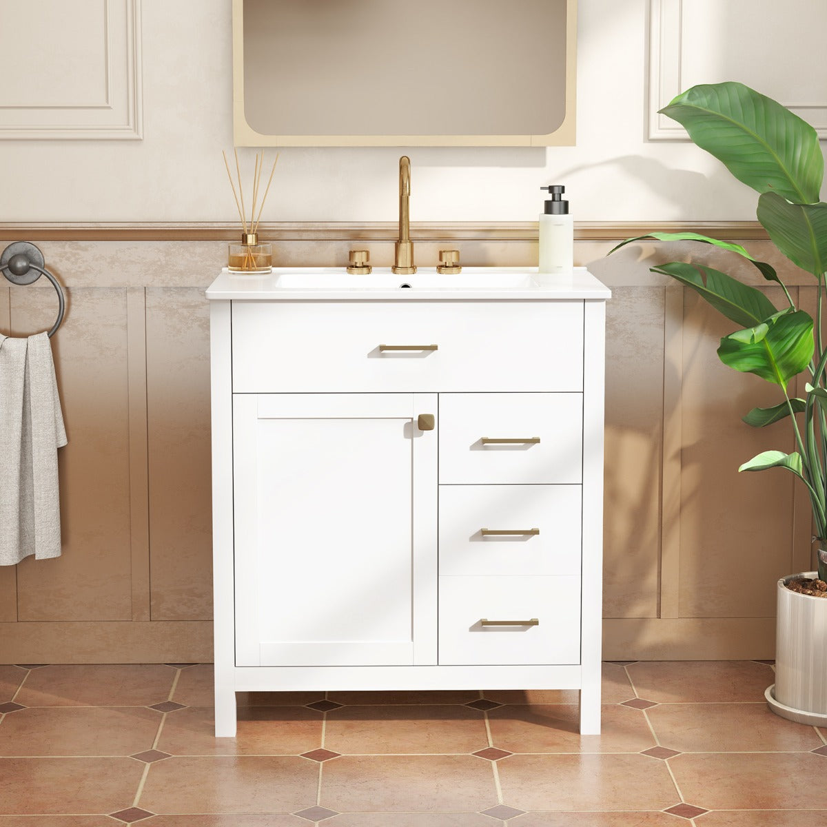LIVSK Badkamermeubelset met Keramische Wastafel - Veel Opbergruimte - Elegante Gouden Handgrepen - Compact Design - Wit + Goud