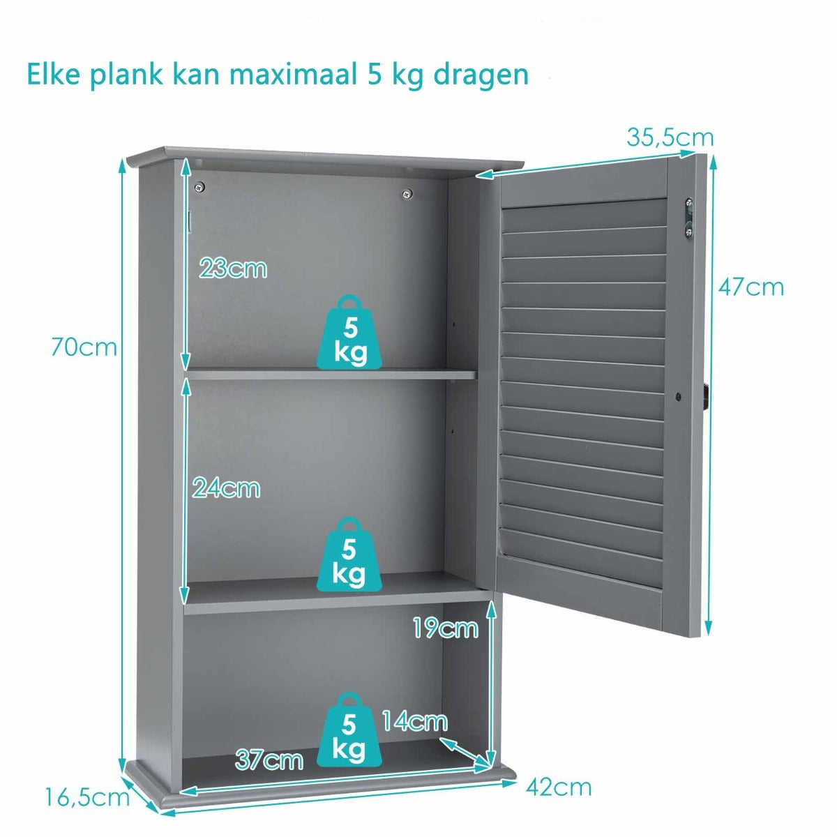 LIVSK Hangkast - Wandmontage - 1 Deur met Verstelbare Legplank - Open Schap - MDF - 42 x 17 x 70 cm - Grijs