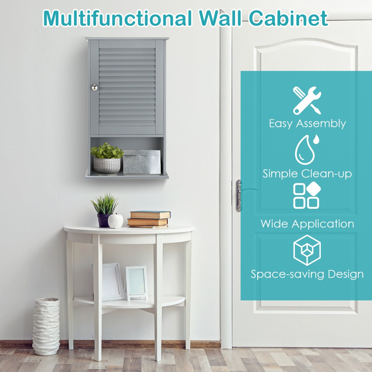 LIVSK Hangkast - Wandmontage - 1 Deur met Verstelbare Legplank - Open Schap - MDF - 42 x 17 x 70 cm - Grijs